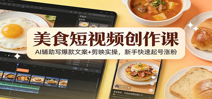 美食短视频创作课：AI辅助写爆款文案+剪映实操，新手快速起号涨粉-灵感工坊云网创