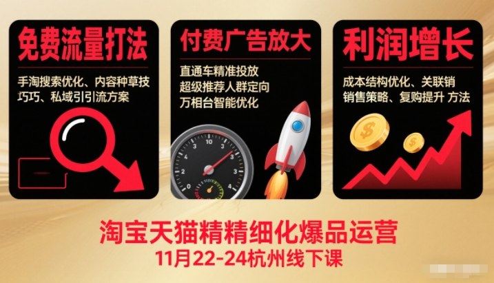 淘宝天猫精细化爆品运营11月22-24杭州线下课，免费流量打法+付费广告放大+利润增长(音频+文档)-灵感工坊云网创